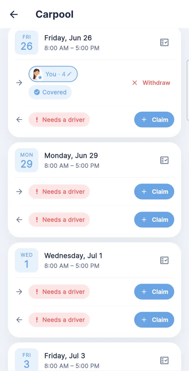 Wenlo carpool — backup and coverage